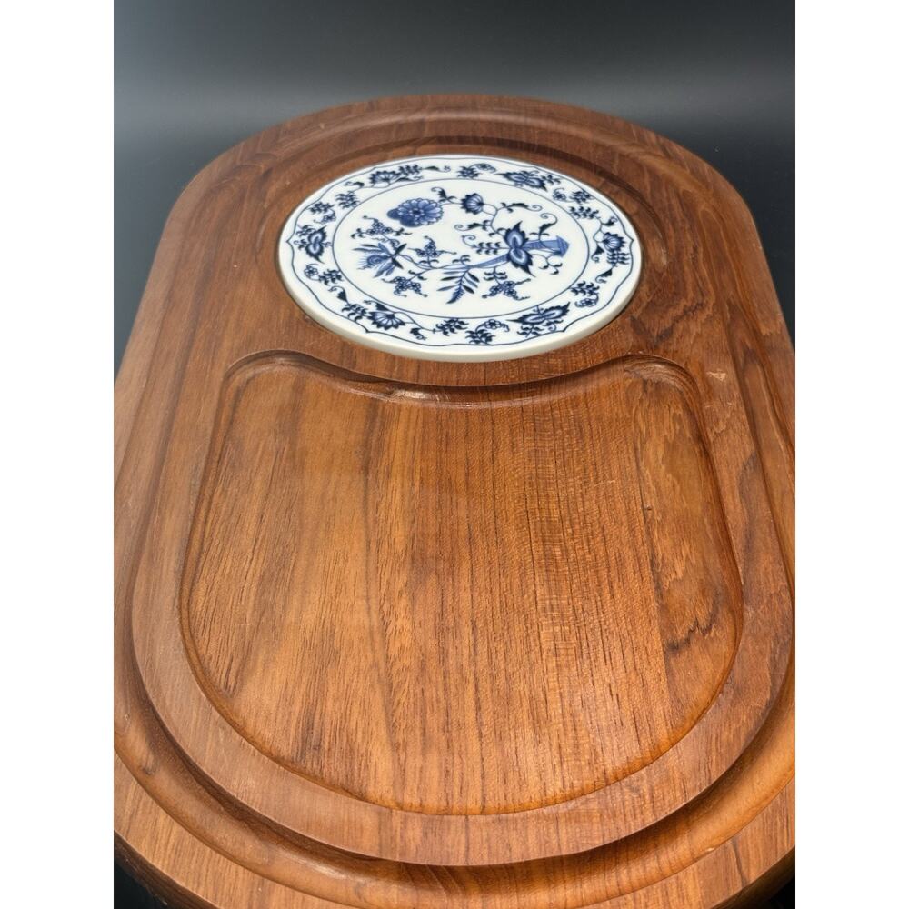 Blue Danube Blue Onion Dolphin Porcelain Teak Wood Cheese Board